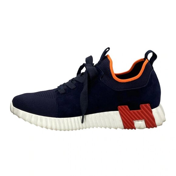 HERMES depal Dark Navy Orange Knit Chevre Velour - Men's Sneakers 602-081325 - Picture 1 of 8
